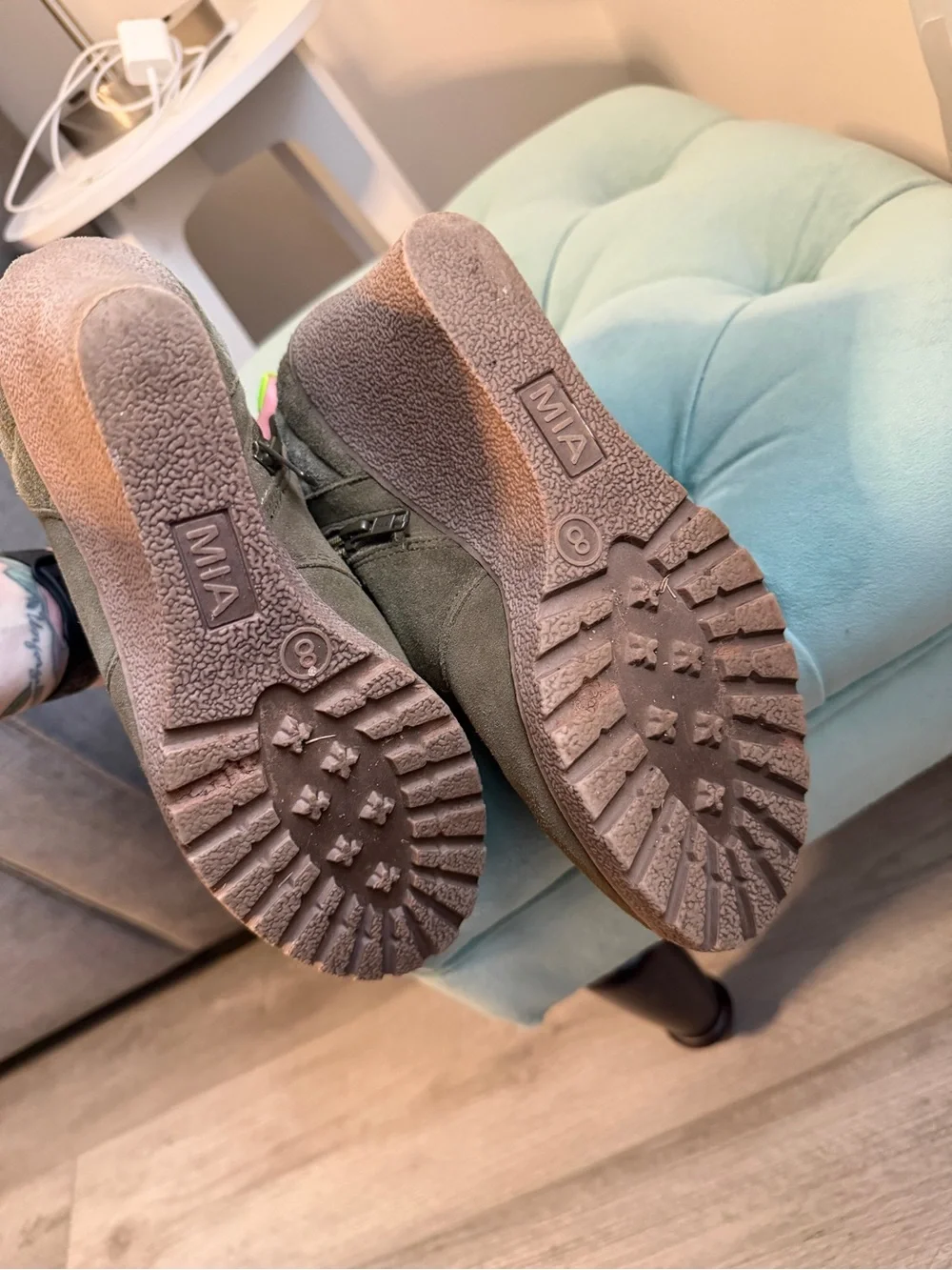 MIA Olive Green Suede Quilted Wedge Ankle Boots
